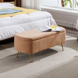 Camel Storage Ottoman Bench for End of Bed Gold Legs; Modern Camel Faux Fur Entryway Bench Upholstered Padded with Storage for Living Room Bedroom