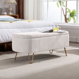 Ivory White Storage Ottoman Bench for End of Bed Gold Legs; Modern Ivory White Faux Fur Entryway Bench Upholstered Padded with Storage for Living Room