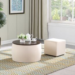 Round Ottoman Set with Storage; 2 in 1 combination; Round Coffee Table; Square Foot Rest Footstool for Living Room Bedroom Entryway Office
