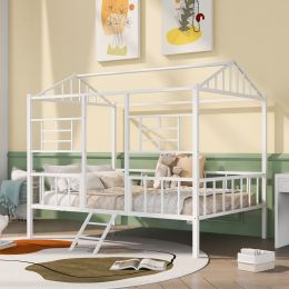 Metal House Bed Frame Full Size with Slatted Support No Box Spring Needed White