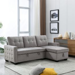 77 Inch Reversible Sectional Storage Sleeper Sofa Bed ; L-Shape 2 Seat Sectional Chaise With Storage ; Skin-Feeling Velvet Fabric ; Light Grey Color F