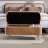 Camel Storage Ottoman Bench for End of Bed Gold Legs; Modern Camel Faux Fur Entryway Bench Upholstered Padded with Storage for Living Room Bedroom