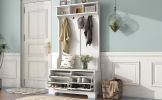 ON-TREND All in One Hall Tree with 3 Top Shelves and 2 Flip Shoe Storage Drawers; Wood Hallway Organizer with Storage Bench and Metal Hanging Hooks; W