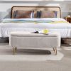 Ivory White Storage Ottoman Bench for End of Bed Gold Legs; Modern Ivory White Faux Fur Entryway Bench Upholstered Padded with Storage for Living Room