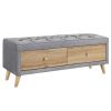 Upholstered Wooden Storage Ottoman Bench with 2 Drawers For Bedroom; Fully Assembled Except Legs and Handles; Padded Seat with Rubber Wood Leg-Gray