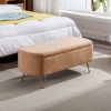 Camel Storage Ottoman Bench for End of Bed Gold Legs; Modern Camel Faux Fur Entryway Bench Upholstered Padded with Storage for Living Room Bedroom