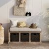 TREXM Rustic Storage Bench with 3 Removable Classic Rattan Basket ; Entryway Bench with Removable Cushion (White Washed)