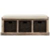 TREXM Rustic Storage Bench with 3 Removable Classic Rattan Basket ; Entryway Bench with Removable Cushion (White Washed)