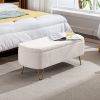 Ivory White Storage Ottoman Bench for End of Bed Gold Legs; Modern Ivory White Faux Fur Entryway Bench Upholstered Padded with Storage for Living Room