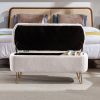 Ivory White Storage Ottoman Bench for End of Bed Gold Legs; Modern Ivory White Faux Fur Entryway Bench Upholstered Padded with Storage for Living Room