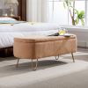 Camel Storage Ottoman Bench for End of Bed Gold Legs; Modern Camel Faux Fur Entryway Bench Upholstered Padded with Storage for Living Room Bedroom