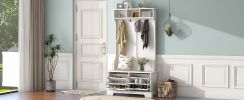 ON-TREND All in One Hall Tree with 3 Top Shelves and 2 Flip Shoe Storage Drawers; Wood Hallway Organizer with Storage Bench and Metal Hanging Hooks; W