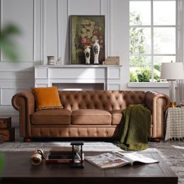 Classic Chesterfield Sofa Brown Faux Leather (Color: Brown)