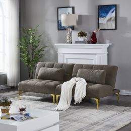 Convertible sofa bed futon with gold metal legs teddy fabric (Color: taupe)