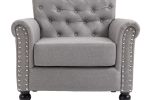 Mid-Century Modern Accent Chair, Linen Armchair w/Tufted Back/Wood Legs, Upholstered Lounge Arm Chair Single Sofa for Living Room Bedroom
