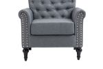 Mid-Century Modern Accent Chair, Linen Armchair w/Tufted Back/Wood Legs, Upholstered Lounge Arm Chair Single Sofa for Living Room Bedroom